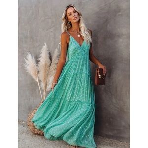 Vici Fathoms Below Adjustable Metallic Tiered Maxi Dress - Seafoam